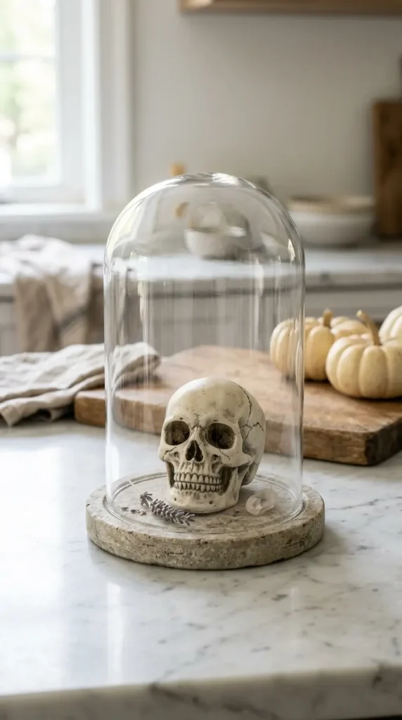 15 Chic Neutral Halloween Decor Kitchen Counter Style 5 5. The Glass Cloche Specimen Display