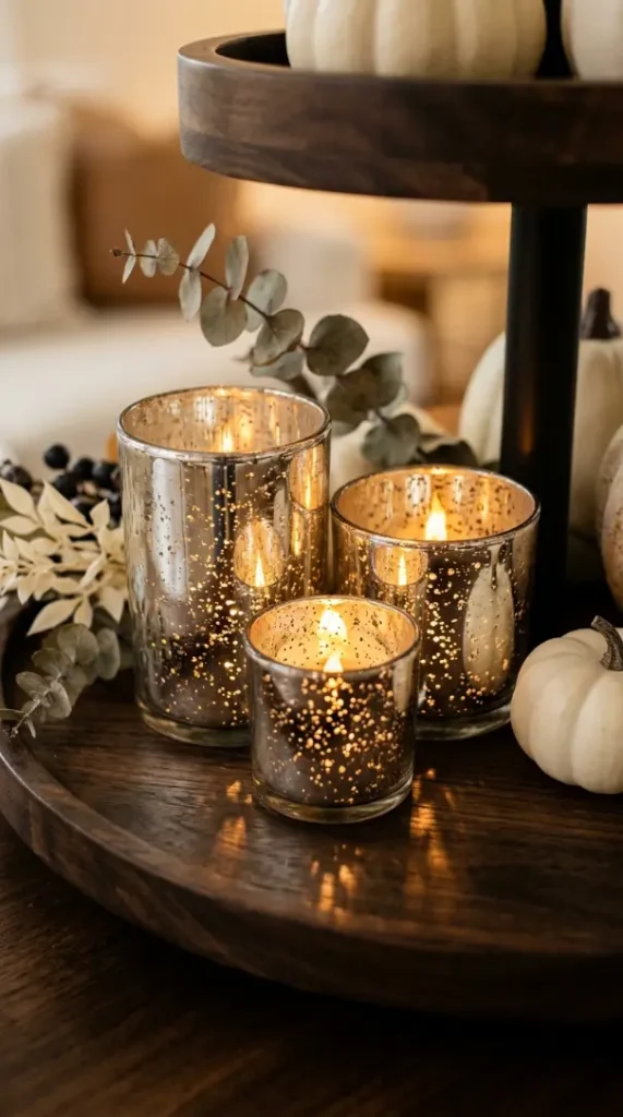 16 Halloween Tiered Tray Ideas Neutral Sophisticated Style 5 5. The Mercury Glass Votive Cluster