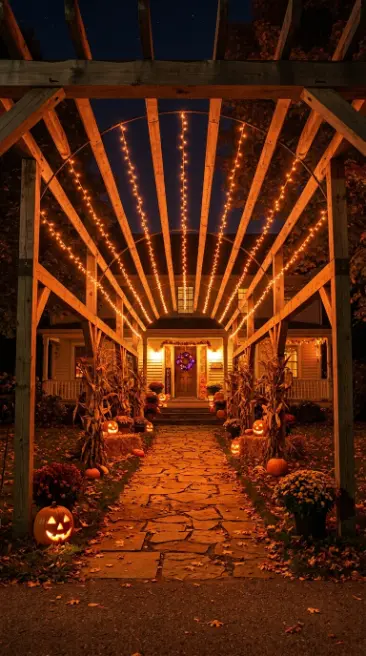 16 Outdoor Halloween Decorations Light-Up Pathway Night Style 5 5. The Orange String Light Canopy Tunnel
