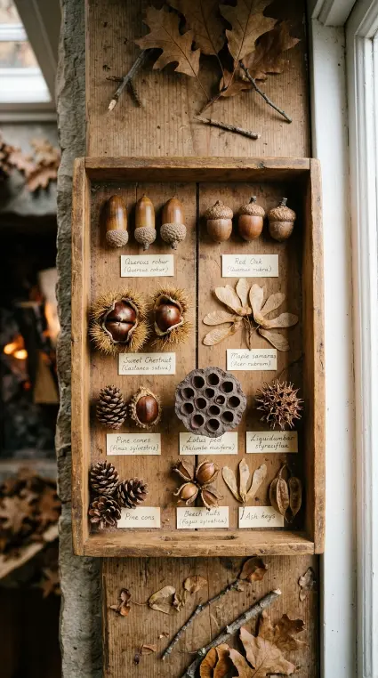 15 Fall Mantel Decor Ideas for a Botanical Nature Inspired Look 5 5. The Seed Pod and Acorn Naturalist Tray