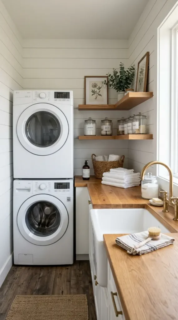 15 Laundry Room Designs Modern Farmhouse Shiplap and Warm Wood 5 5. The Stacked Appliance Configuration