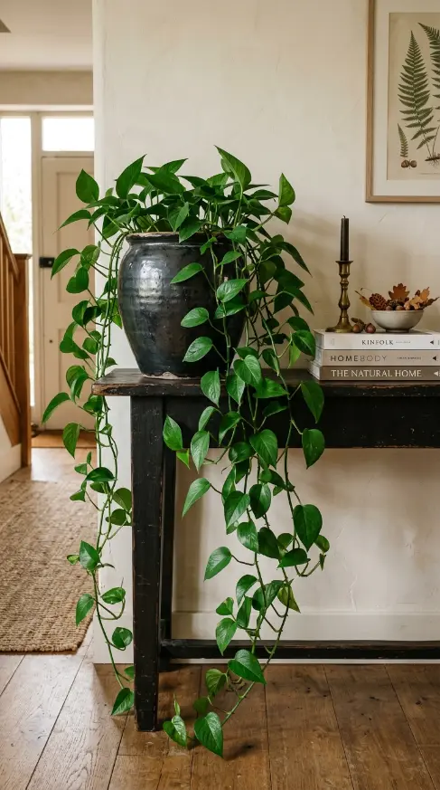 12 Neutral Fall Decor Ideas for an Entryway Console in Organic Style 5 5. The Trailing Vine in Dark Organic Vessel
