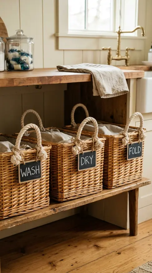 14 Laundry Room Bathroom Combo Warm Neutral Farmhouse Style 5 5. The Wicker and Linen Basket Storage