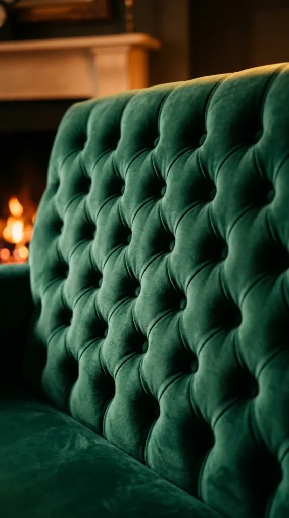 11 Cozy Reading Corners Fireplace Green Sofa Cinematic 5 5. Tufted Emerald Velvet Cushions on the Sofa