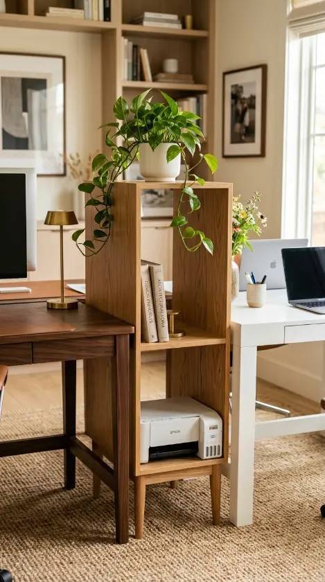11 Office Room Ideas Shared Dual Desk His and Hers Style 5 5. Use a Low Open Shelf Unit as a Soft Zone Divider