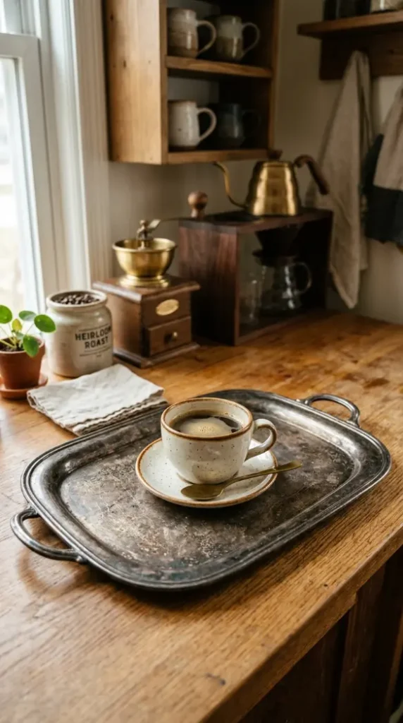 19 Eclectic Coffee Station Ideas With Vintage Charm 5 5. Vintage Silver Tray for Serving