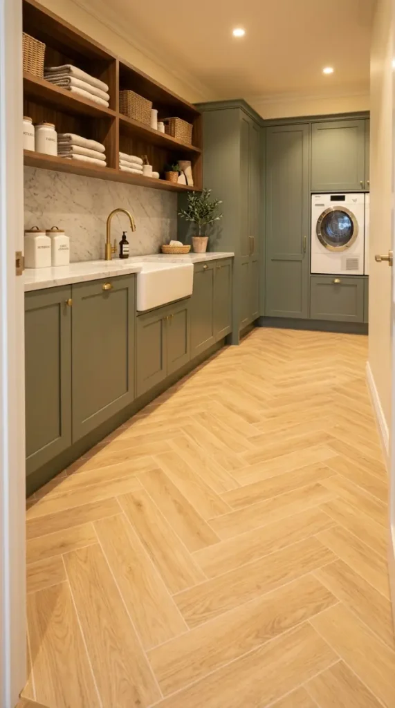 20 Luxury Laundry Room Ideas Sage Green Walnut Warm Style 5 5. Warm Herringbone Timber-Look Porcelain Floor