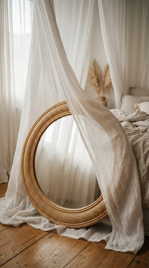 18 Romanticizing My Room Small Space Sheer Drapery Ideas 5 5. Woven Rattan Mirror Leaning Against the Drapery