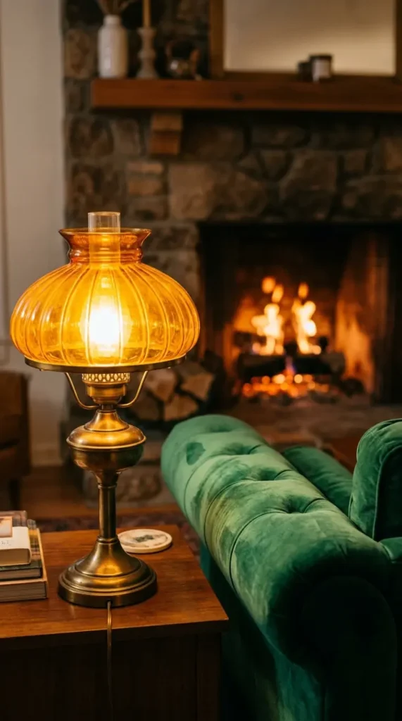 11 Cozy Reading Corners Fireplace Green Sofa Cinematic 6 6. A Brass Table Lamp With an Amber Glass Shade