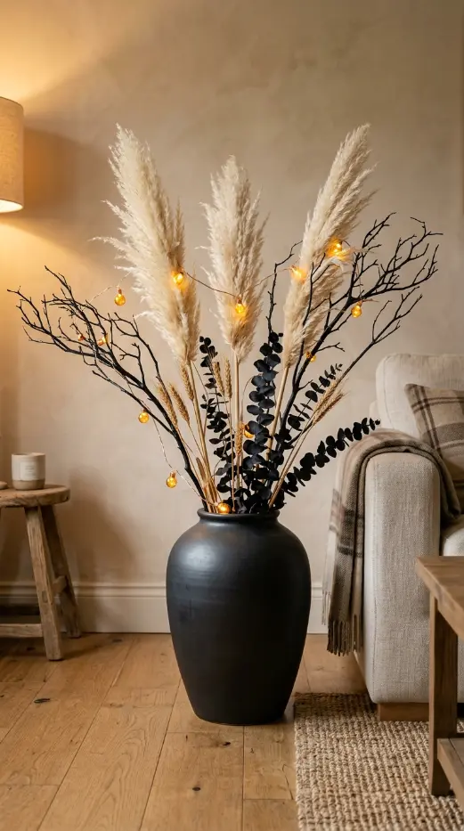 14 Fall Home Decor Ideas Warm Neutral Living Room Style 6 6. A Large Dried Botanical Floor Vase in the Corner