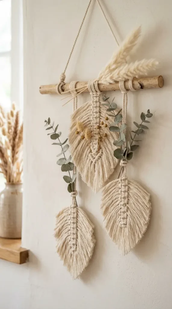 13 DIY Fall Home Decor Project Macramé Leaf Wall Hanging 6 6. A Mixed Macramé and Dried Botanical Hanging