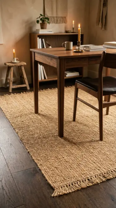 18 Cozy Office Aesthetic Candlelight Bookshelf Warm Style 6 6. A Natural Jute Rug Anchoring the Desk Zone