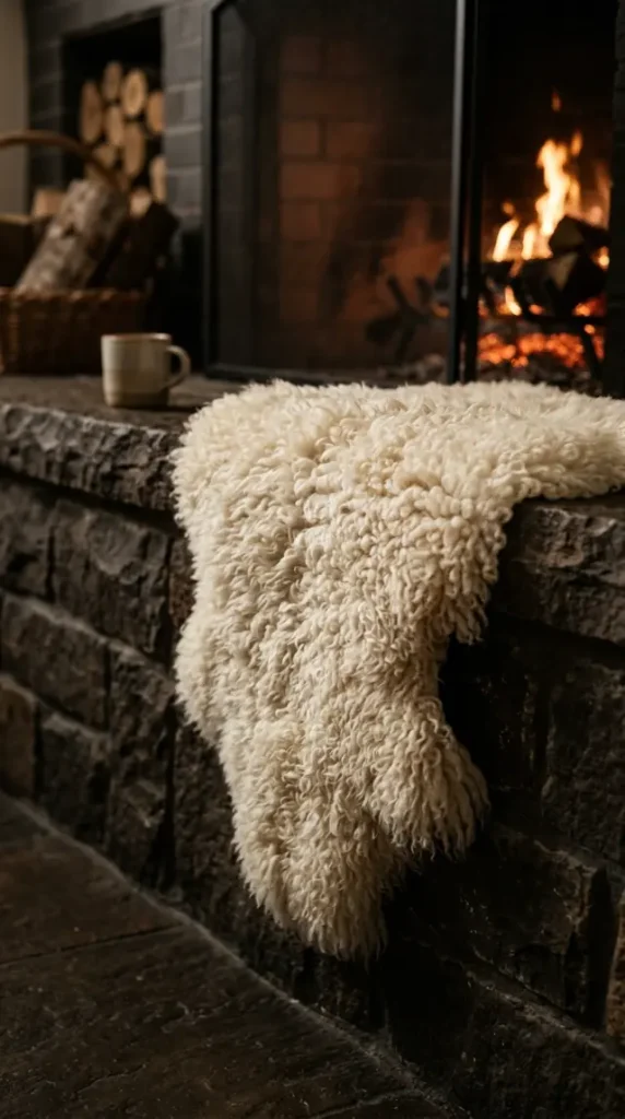 16 Moody Fall Fireplace Ideas for a Cozy Sanctuary 6 6. A Sheepskin Rug Draped Over the Hearths Edge