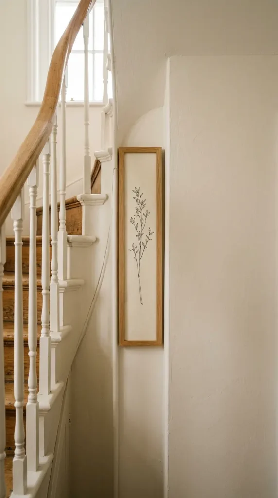 13 Small Thrifted Gallery Wall Ideas for Staircases 6 6. A Thin Vertical Frame Tucked Into the Narrowest Stair Wall Sliver