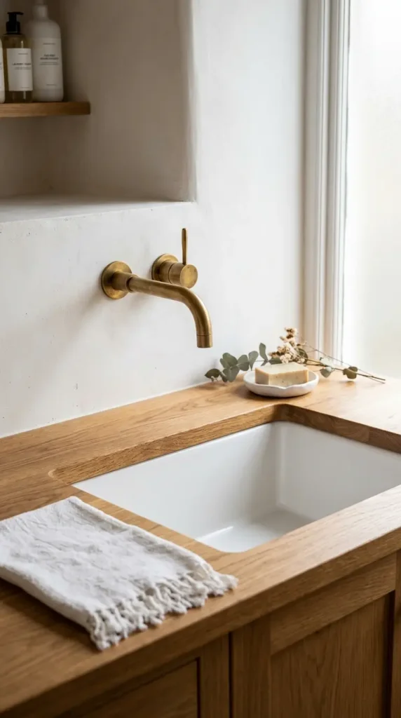 15 Elegant Laundry Room Ideas Warm White Oak Scandinavian Style 6 6. A White Ceramic Undermount Sink With Brass Tap