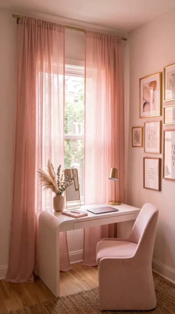 12 Home Office Ideas for Women Blush Gallery Wall Curved 6 6. Blush Sheer Curtains at the Window