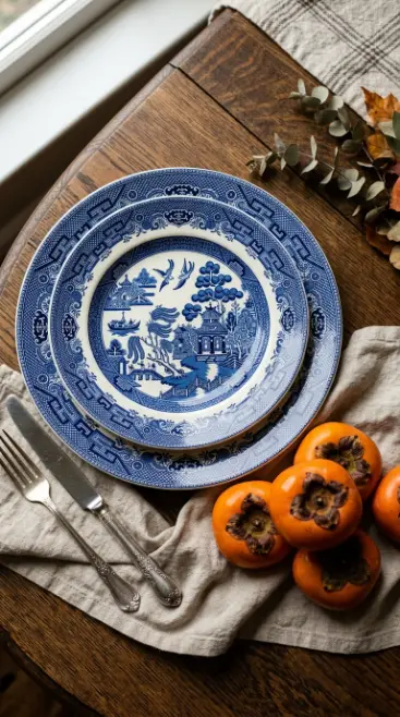 13 Blue and Orange Thanksgiving Table Ideas to Save 6 6. Chinoiserie Delft Style Blue and White China With Persimmons