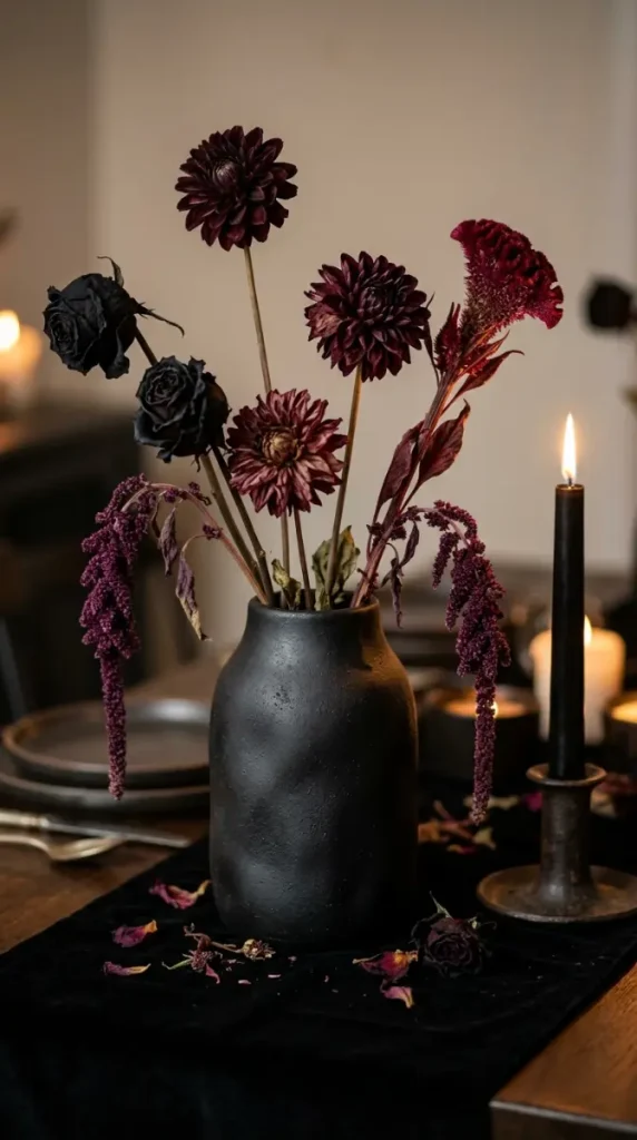 15 DIY Halloween Centerpieces Gothic Candelabra Dinner Table Look 6 6. Create Dried Dark Floral Arrangements in Gothic Vases
