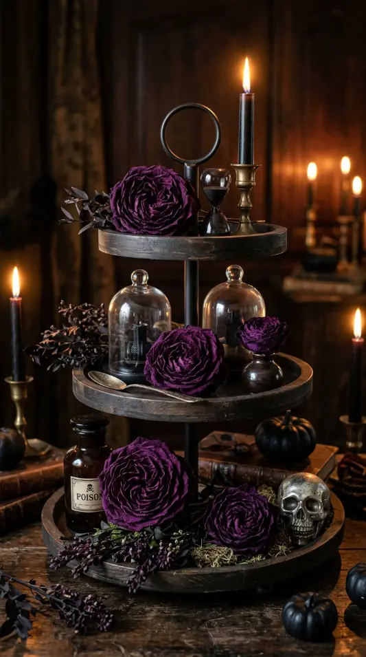 15 Halloween Tiered Tray Ideas Elegant Dark Moody Style 6 6. Deep Purple Dried Florals Throughout the Arrangement