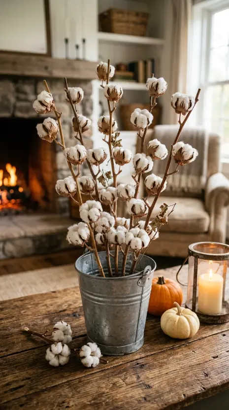 12 Rustic Fall Decorating Ideas Farmhouse Living Room 6 6. Dried Cotton Stems as a Distinctly Farmhouse Botanical