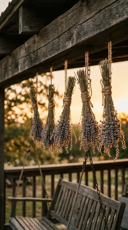 16 Summer Cottagecore Porch Swing Sitting Area Ideas 6 6. Dried Lavender Bundles Hanging