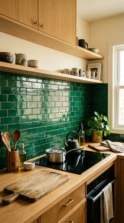 18 Dopamine Kitchen Ideas for a Bold Colorful Space 6 6. Emerald Green Backsplash Tile