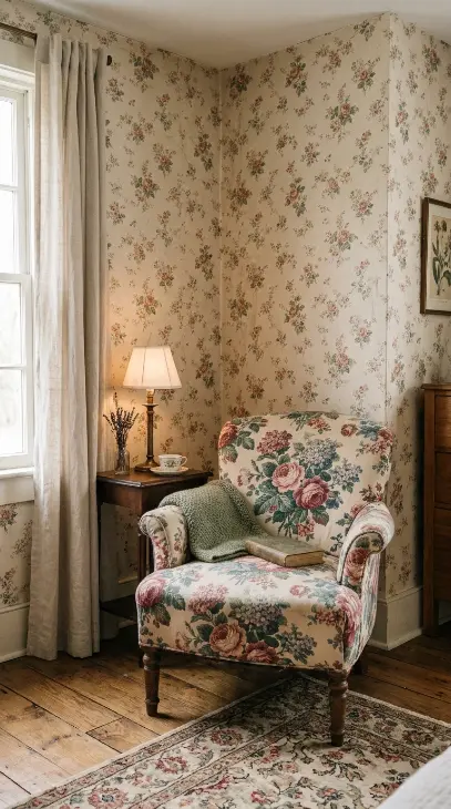 19 Reading Chair in Bedroom Vintage Floral Slipper Corner 6 6. Faded Floral Wallpaper Behind the Chair