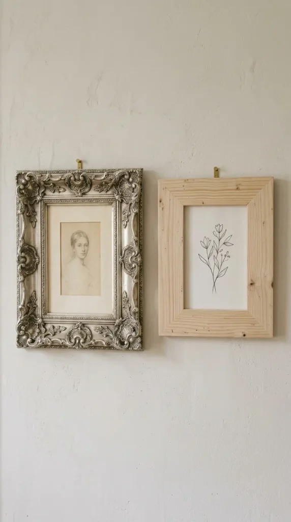 11 Thrifted Gallery Wall Ideas With Mismatched Frames 6 6. Faded Green Painted Frame Tucked Beside a Mirrored Frame