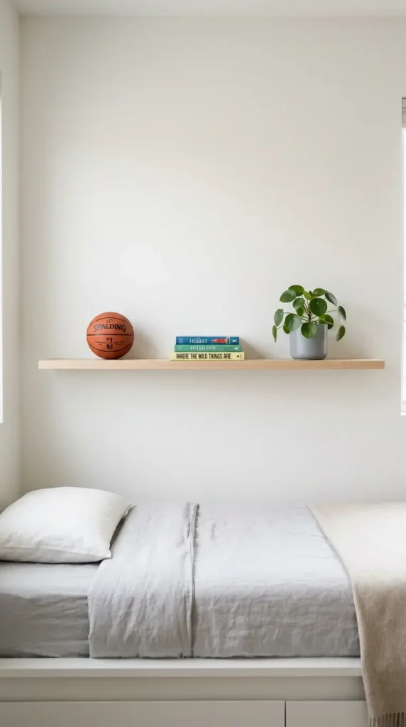 13 Boys Room Decor Modern Minimalist Neutral Calm 6 6. Floating Wood Shelf with Three Objects