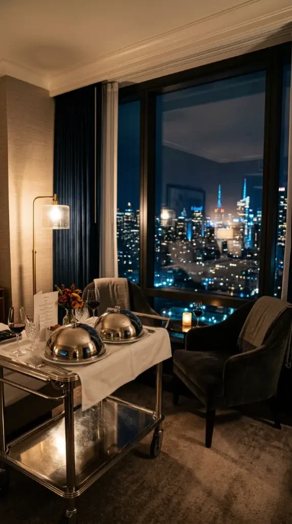 13 Romantic Thanksgiving Table for Two Date Night Idea 6 6. Hotel Room Service Table With a City View