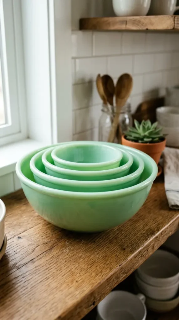 15 Nostalgic Open Shelf Dopamine Kitchen Display Ideas 6 6. Jadeite Green Mixing Bowls Nested on Display