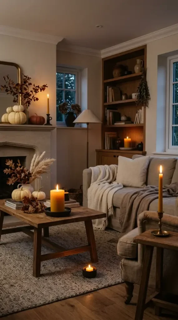 14 Chic Neutral Halloween Decor Ideas Living Room Style 6 6. Multiple Beeswax Candles at Varying Heights Throughout the Room