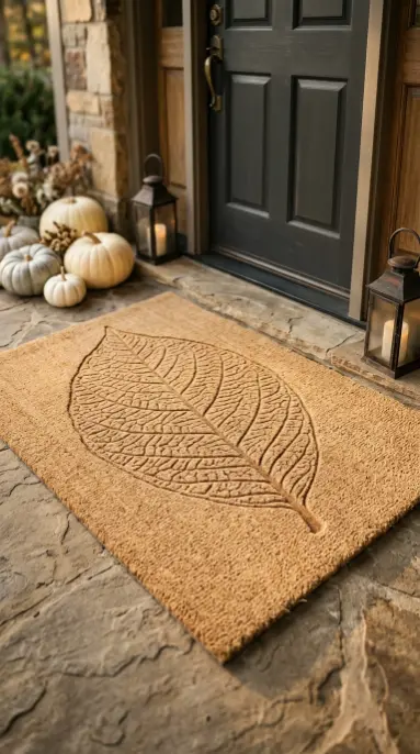 12 Neutral Halloween Decor Ideas for a Chic Front Porch 6 6. Natural Coir Doormat With Skeleton Leaf Pattern