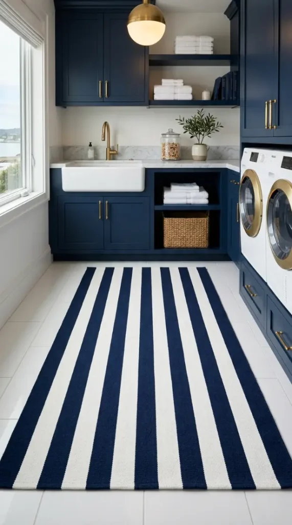 12 Luxury Laundry Room Ideas Navy White Nautical Refined 6 6. Navy and White Striped Cotton Rug