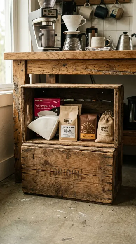 19 Eclectic Coffee Station Ideas With Vintage Charm 6 6. Old Wooden Crate as Under Counter Storage