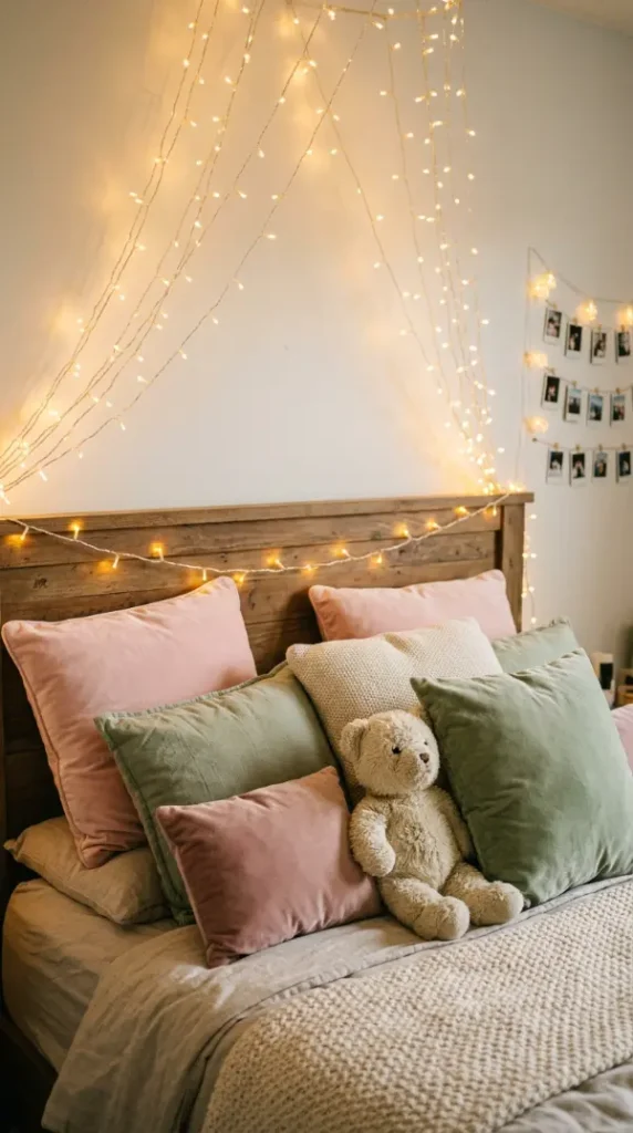 15 Romanticizing My Room Small Space Fairy Light Canopy Ideas 6 6. Pastel Throw Pillows Piled Loosely Against the Headboard