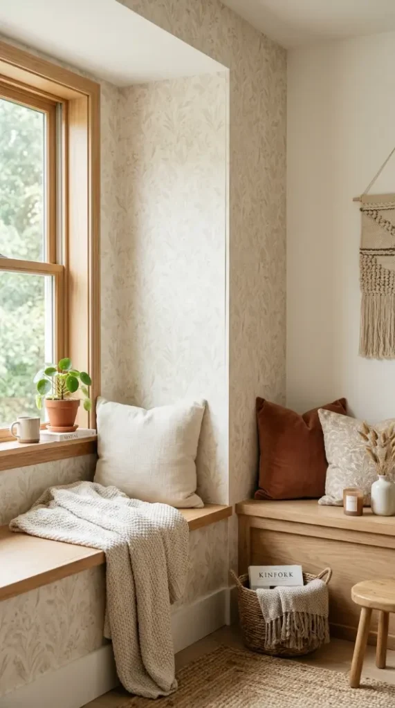 15 Small Apartment Window Reading Nook Renter Friendly Ideas 6 6. Peel and Stick Wallpaper Accent Behind the Nook