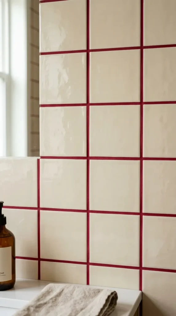 18 Jewel Tone Bathroom Ideas for a Luxurious Space 6 6. Ruby Red Grout Between Cream Tiles
