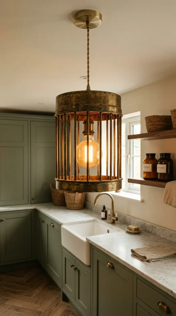 20 Luxury Laundry Room Ideas Sage Green Walnut Warm Style 6 6. Sage Green Laundry Room With Brass Pendant Light