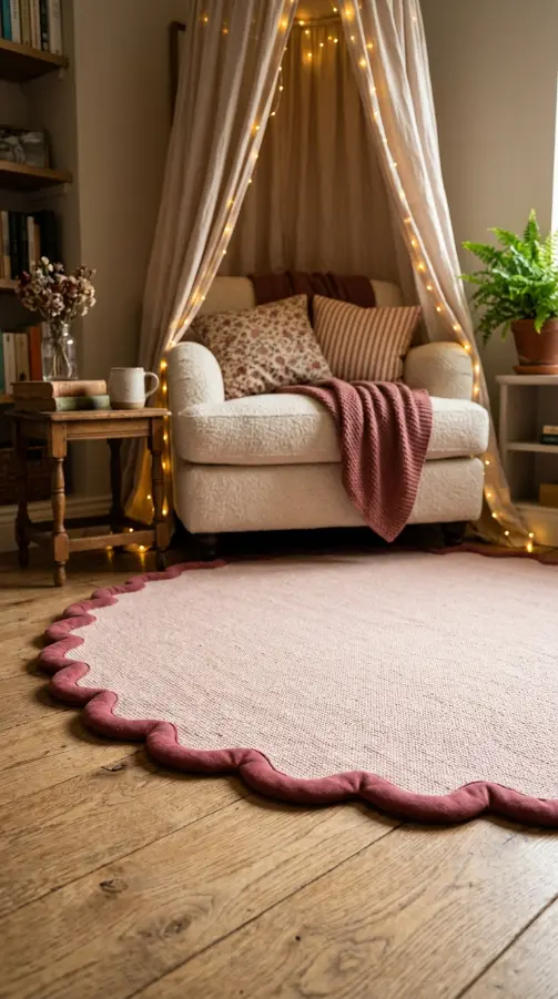 16 Cozy Reading Corners Whimsical Blush Fairy Lights 6 6. Scalloped Edge Blush Rug