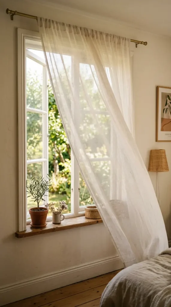 16 Minimalist Bedroom Declutter Ideas for Late Summer 6 6. Sheer Curtain Instead of Heavy Drapes for Summer Light