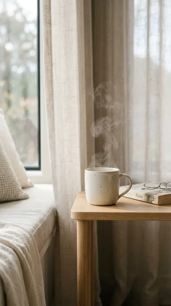 14 Curtained Window Reading Nook Soft Dreamy Corner Ideas 6 6. Small Side Table With a Cup of Tea