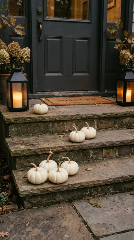 13 Easy Halloween Entryway Decor Black White Classic Style 6 6. Small White Pumpkins Cascading Down Entry Steps