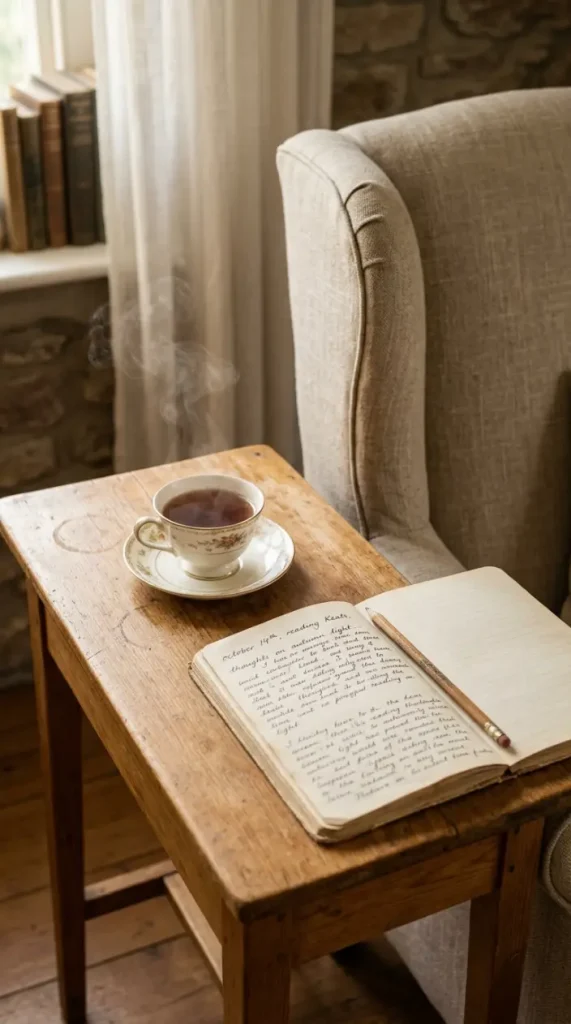 13 Light Linen Wingback Reading Chair Bookshelf Corner 6 6. Small Wood Side Table with Teacup