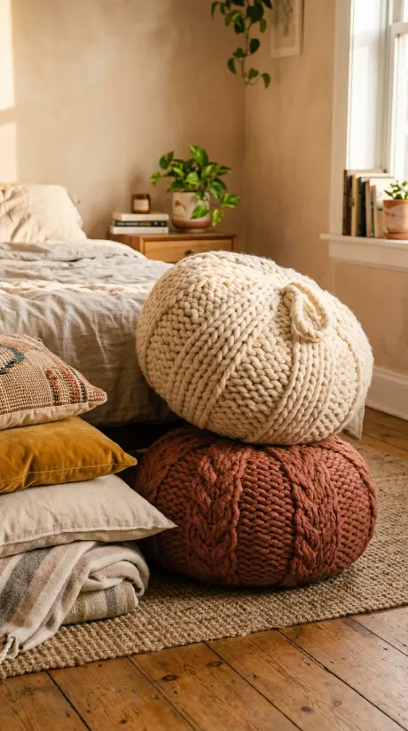 17 Golden Hour Bedroom Aesthetic Boho Floor Cushion Nook Ideas 6 6. Soft Knit Poufs Stacked to the Side