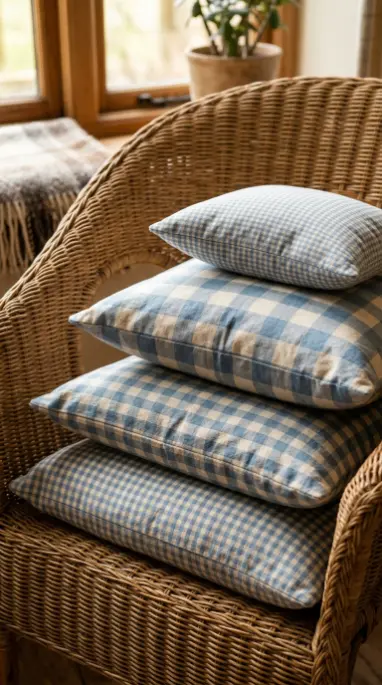 20 Summer Cottagecore Sunroom Gingham Sitting Corner 6 6. Stack of Gingham Throw Pillows