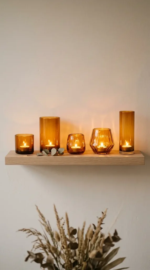 15 Fall Home Decor Ideas Scandinavian Minimal Warm Style 6 6. Style a Floating Shelf With Amber Glass Candle Holders