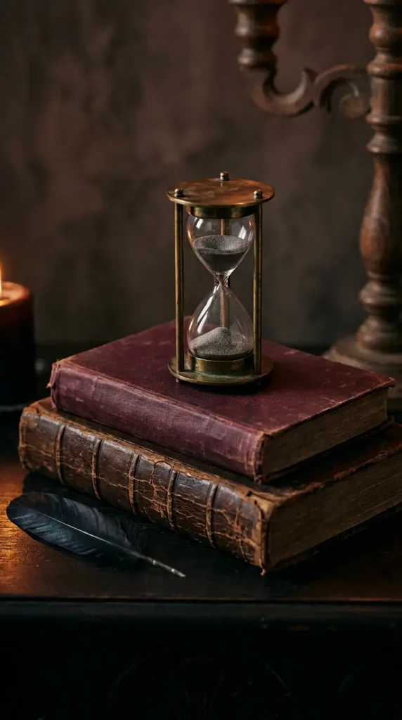 14 Neutral Halloween Decor Gothic Console Table Style 6 6. The Aged Book Stack with Brass Hourglass