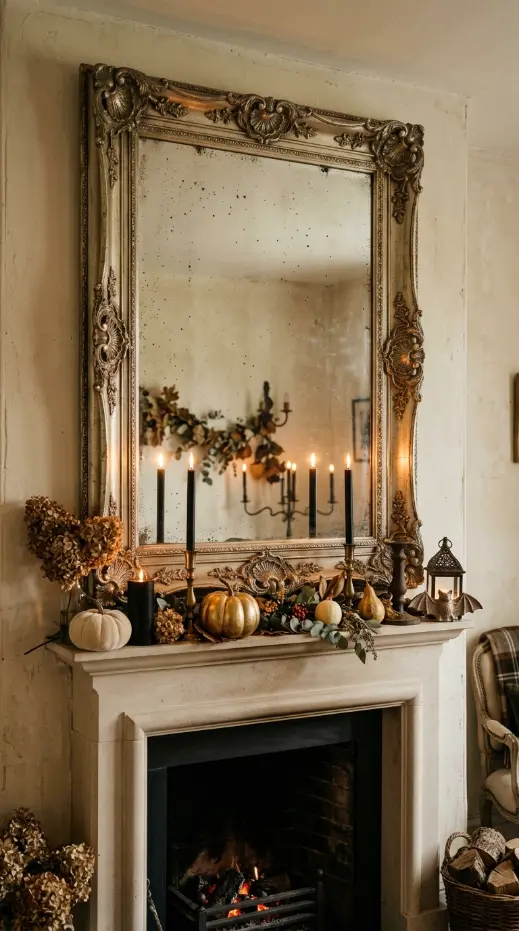 17 Elegant Halloween Mantel Decor French Country Style 6 6. The Antique Mirror Mantel Backdrop