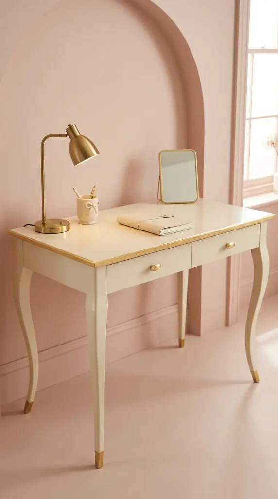 10 Home Office Ideas for Women Coquette Pink Arch Gold Style 6 6. The Cream Lacquer Desk with Gold Edge